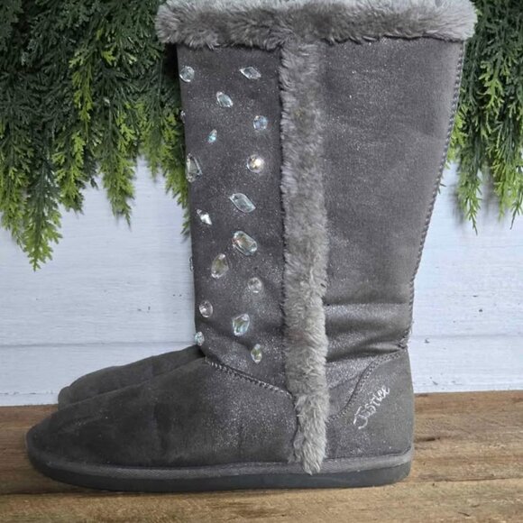 Size 9 Gray Jewel Faux Fur Shimmer Justice Boots - Picture 4 of 6